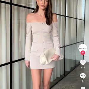 Kookai Off-the-Shoulder Button-Front Mini Dress in Light Beige